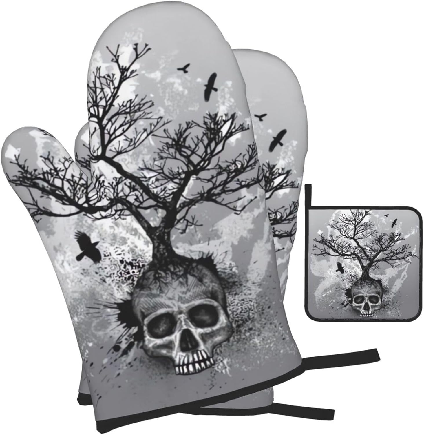 Halloween Skull Oven Mitts and Pot Holders Set Heat-Resistant