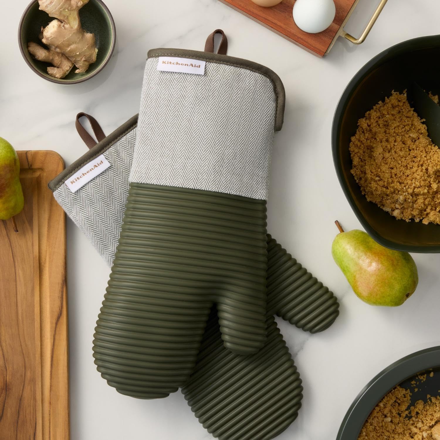 Two-Piece Heat Resistant Silicone Oven Mitts Deep Forest Green 7x14