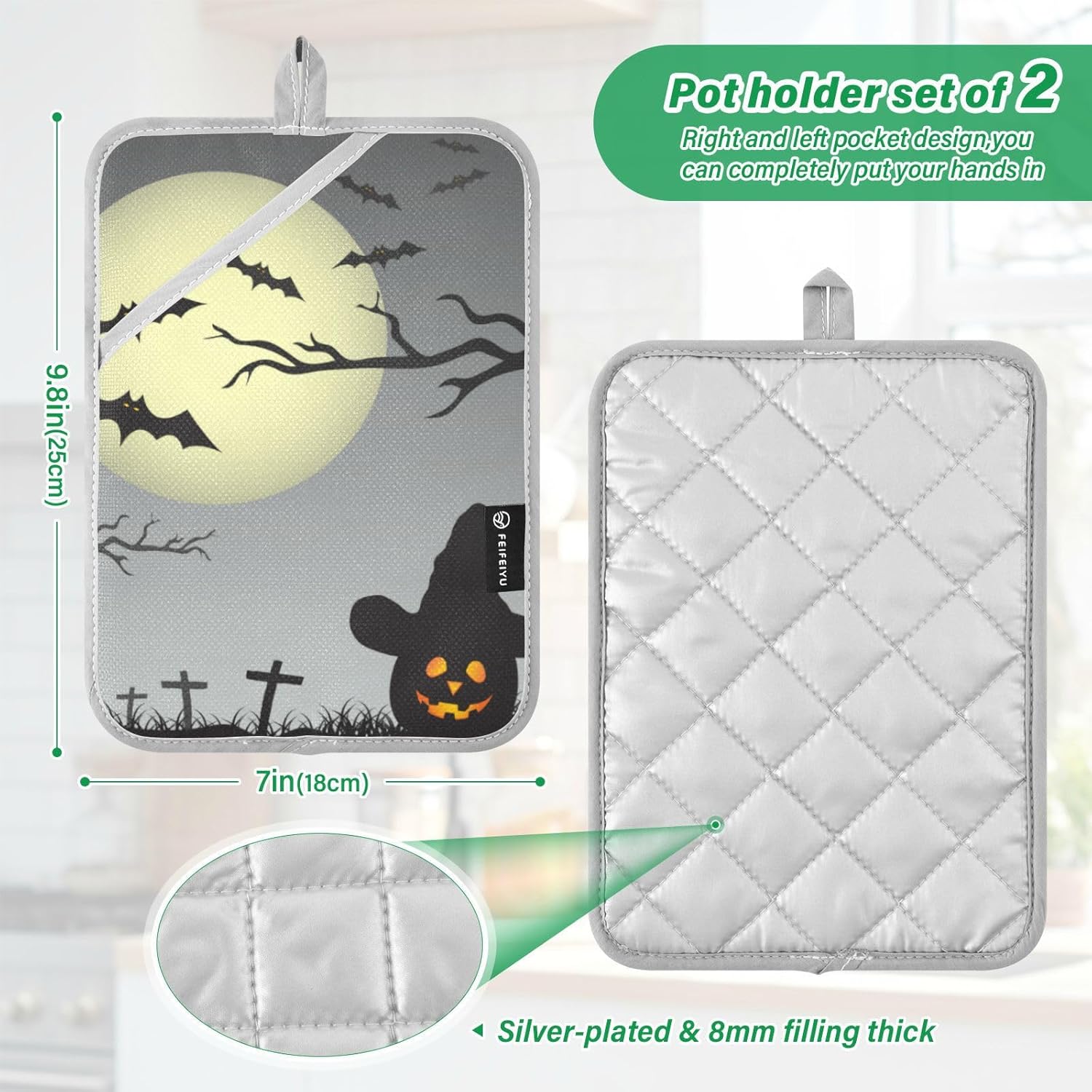 OURVII 2Pcs Halloween Full Moon Pot Holders Non-Slip with Pockets