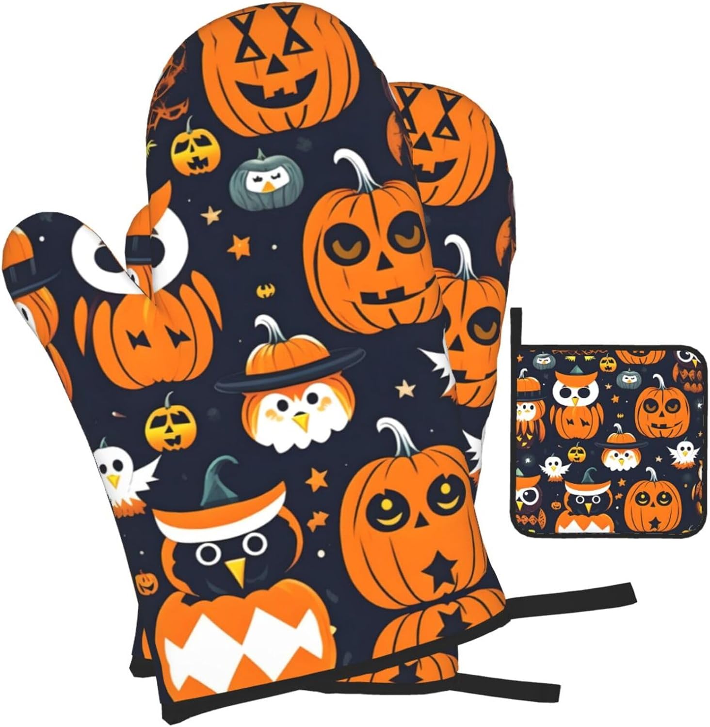Trick Or Treat Halloween Owl Ghost Pumpkin Oven Mitts - Durable Waterproof Set