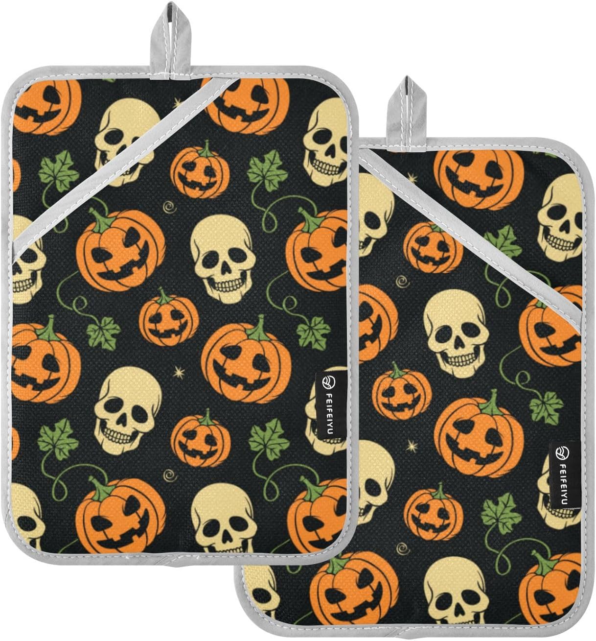 2Pcs Halloween Pumpkin Skull Pot Holder Set Non-Slip