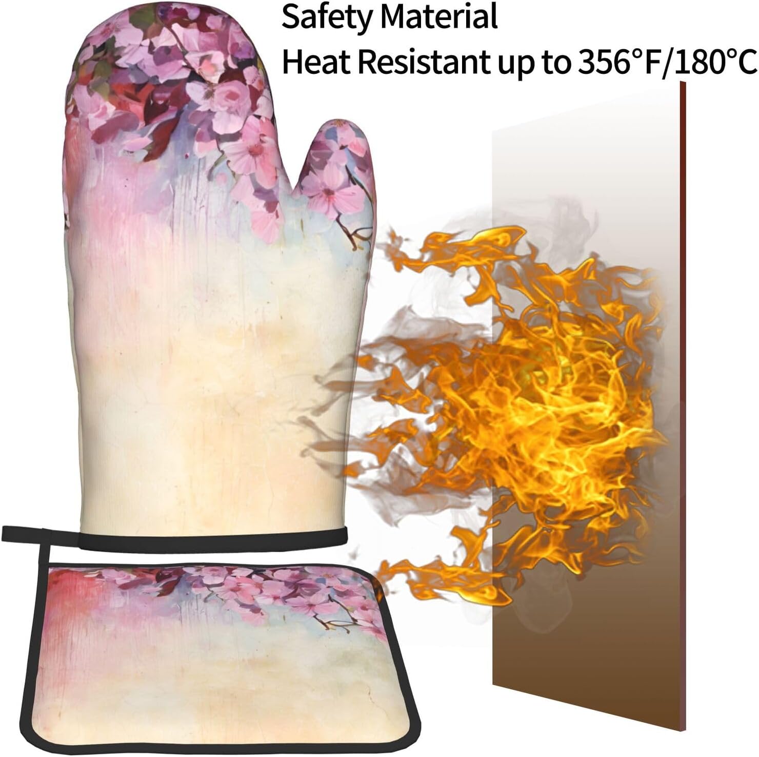 Elegant Oven Mitts Set Cherry-Printed Non-Slip Pots Pans