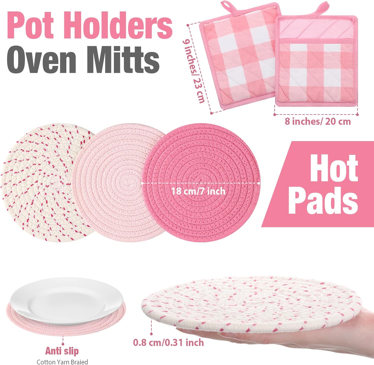 Sumind 7-Piece Oven Mitts Potholders Set Pink White Cotton Kitchen Accessories