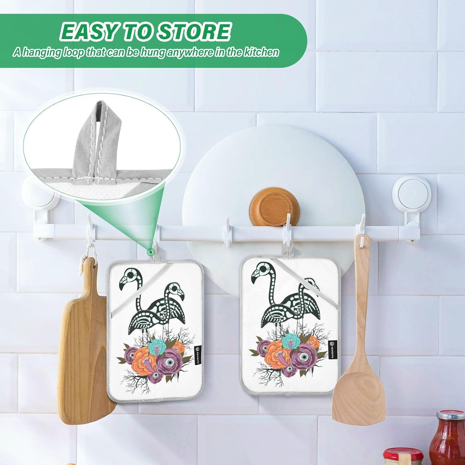 OurVii 2-Piece Flamingo Skeleton Pot Holder Set Heat-Resistant Non-Slip