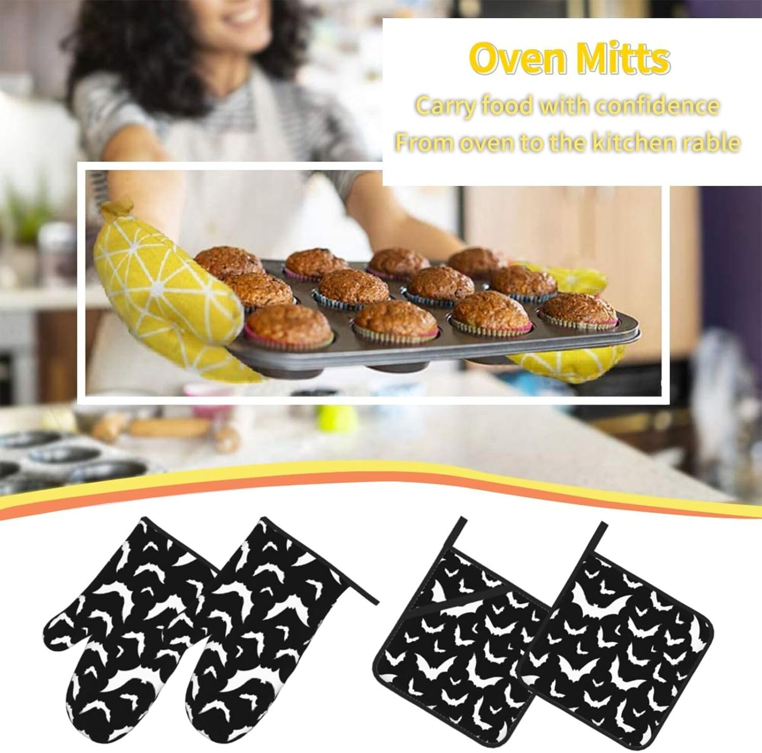 Oven Mitts Pot Holder Set Halloween Cute Bats Heat Resistant Pvc