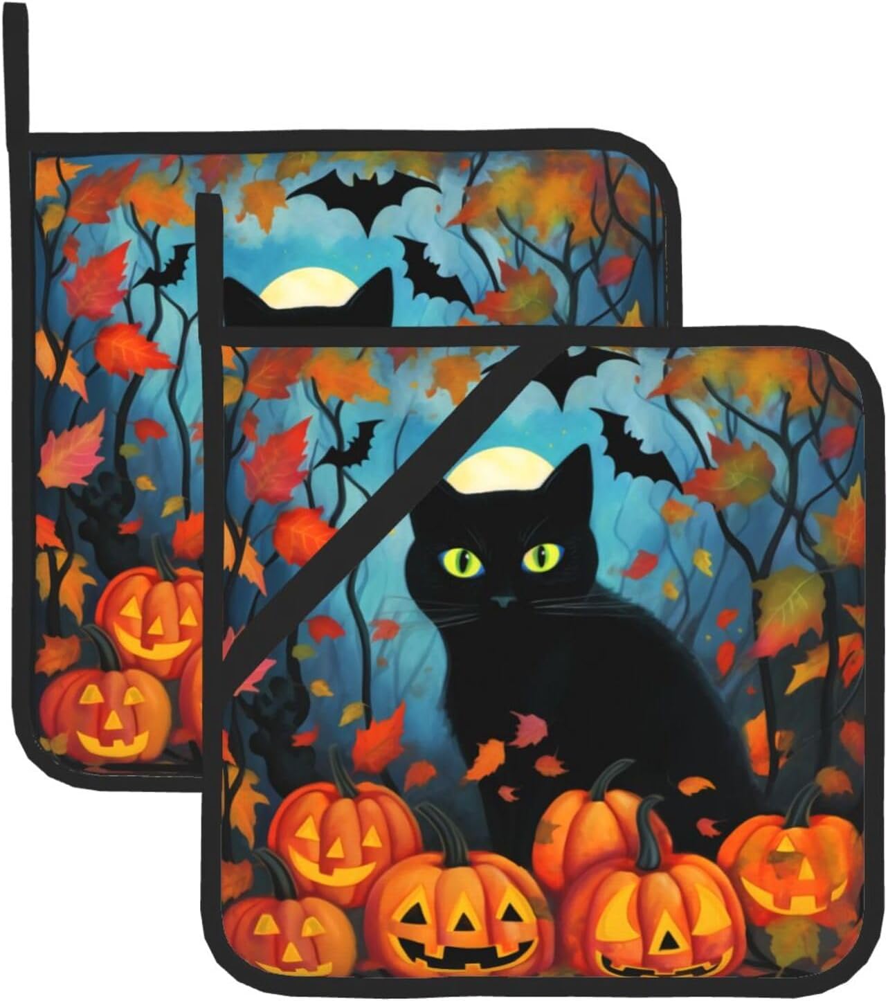 Halloween Black Cat Pumpkin Leave Pot Holder Set