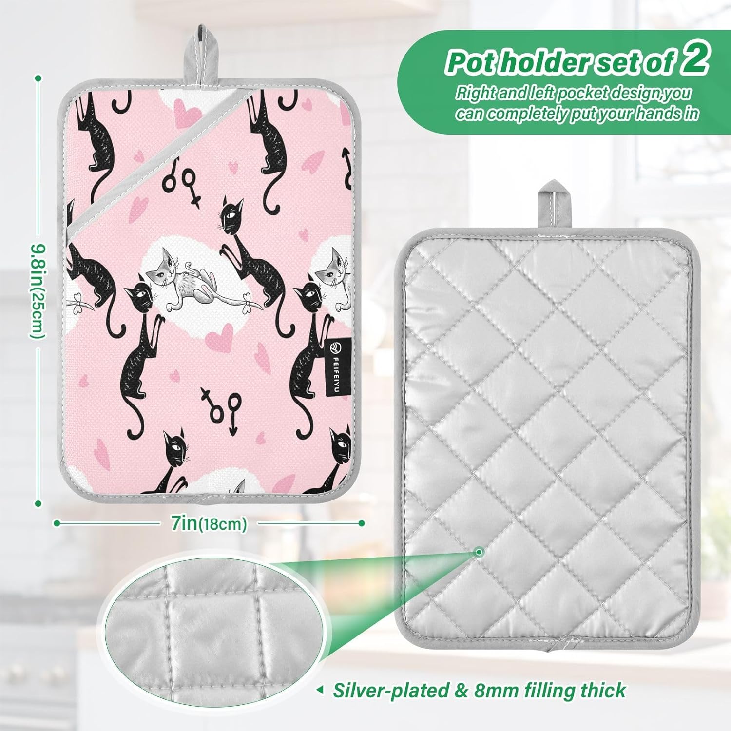 Hearts and Heat - White Cat Black Cat Potholders Set for Kitchen Uses