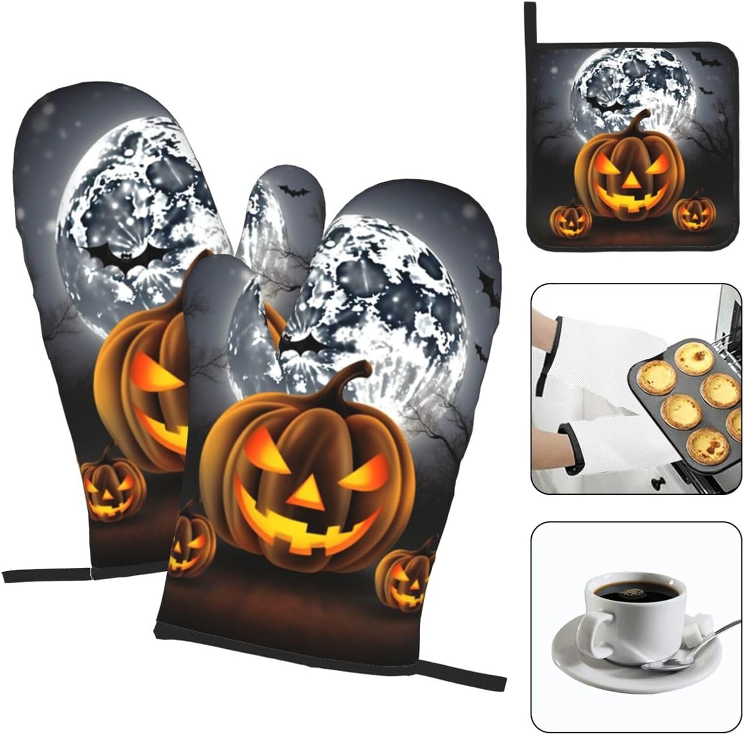 EKYSHCZ Halloween 3-Piece Heat Resistant Oven Mitts Potholders Set