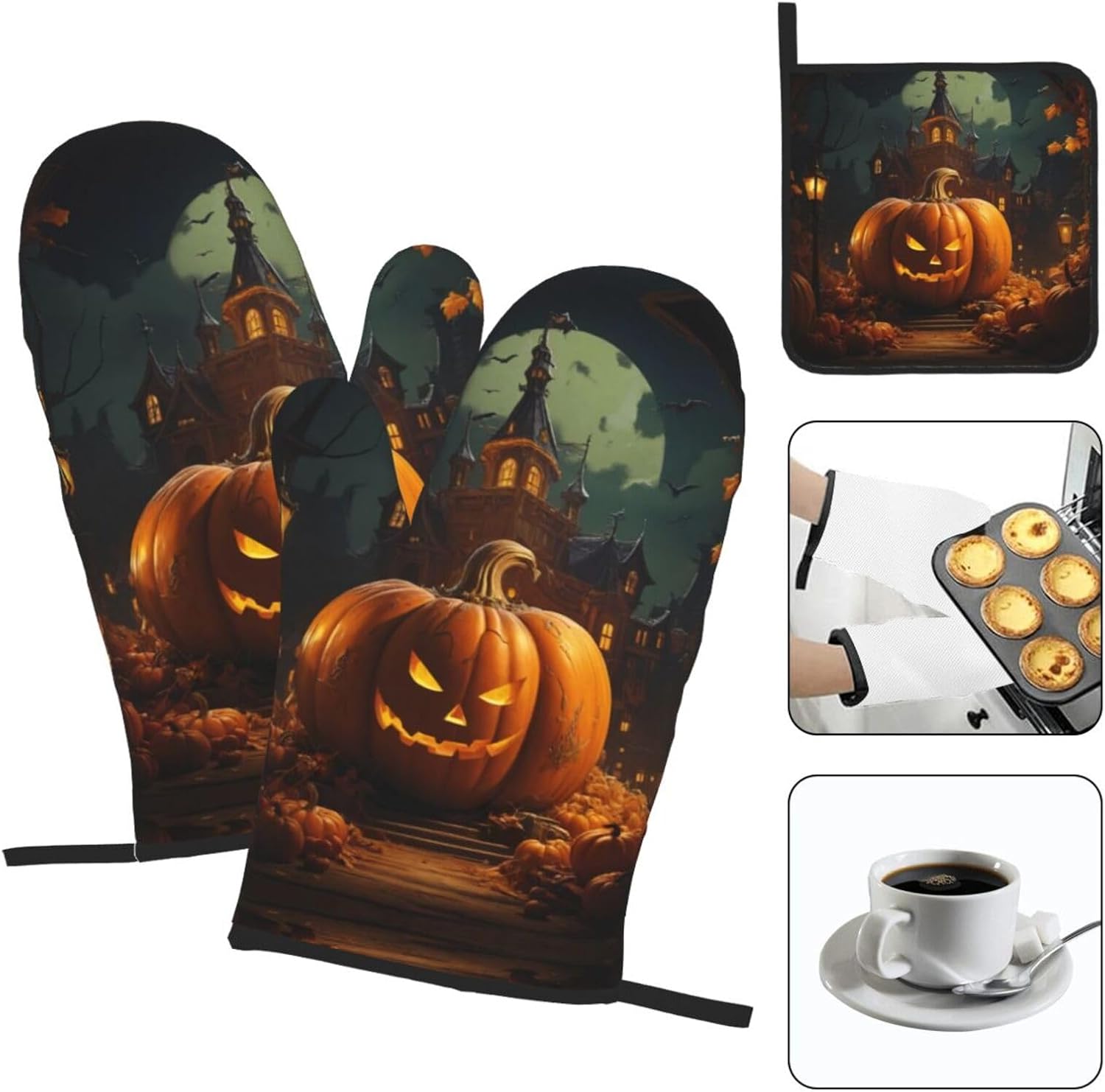 XTUAG pumpkin Halloween oven mitts and pot holders 3 piece set
