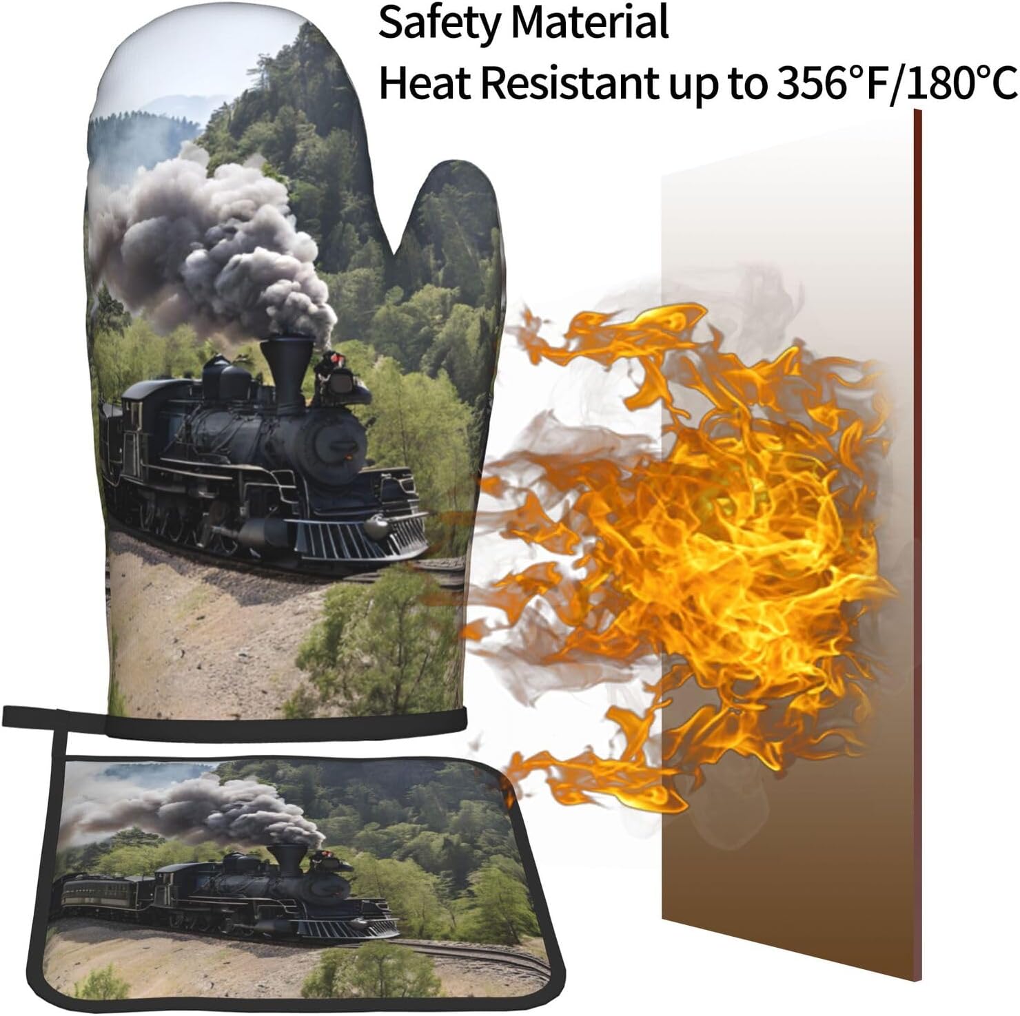 Steam Locomotive Train Printed Oven Mitts and Pot Holders 2 Piece Set