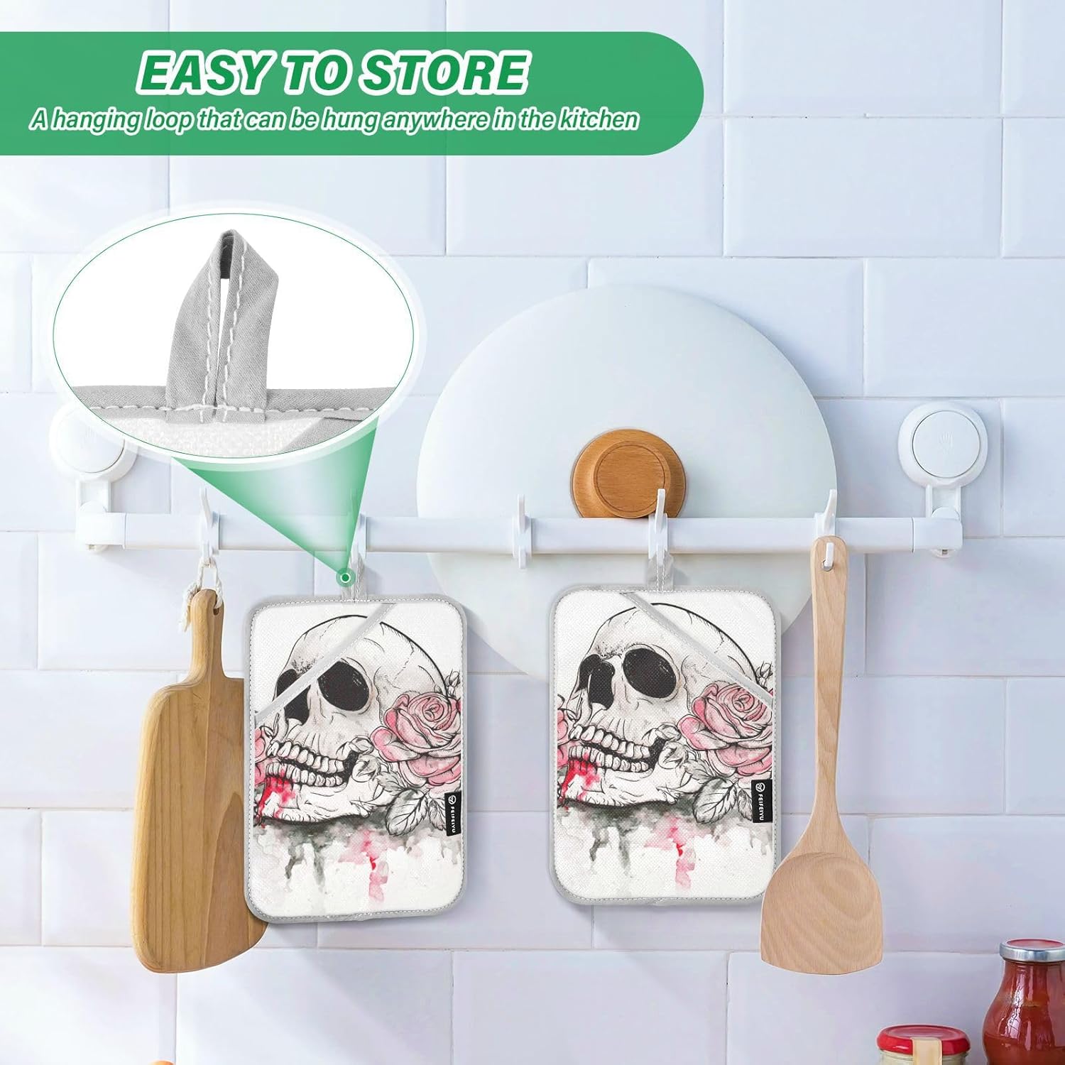 OurVII 2Pcs Halloween Pink Rose Skull Potholders Set