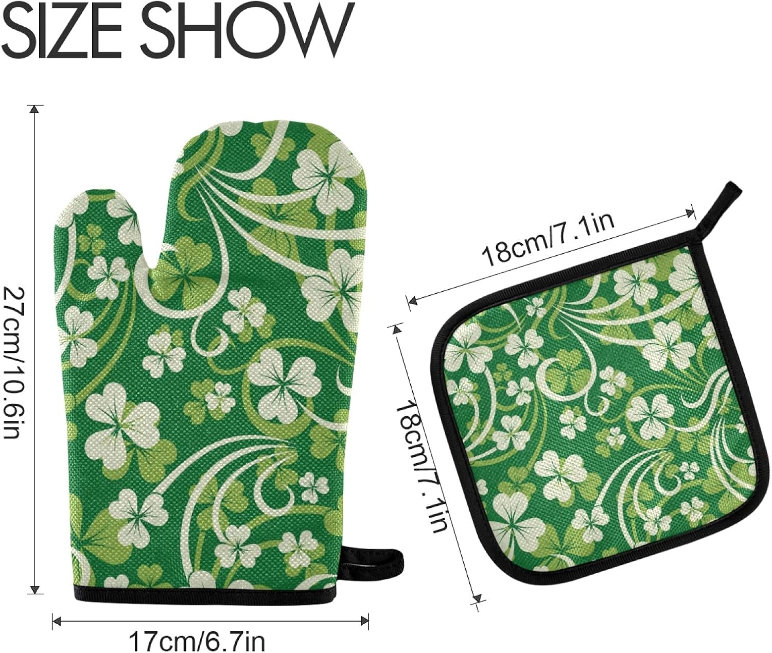 QUGRL Good Luck Clover Oven Mitts Pot Holders Sets Heat-Resistant Kitchen Gloves