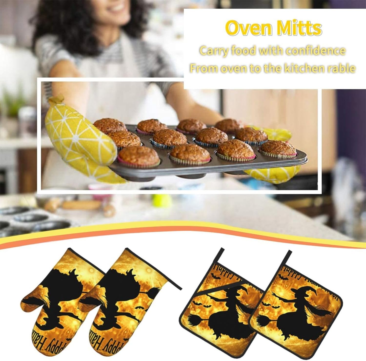 Halloween Thermal Oven Mitts Set 4-Piece with Potholders