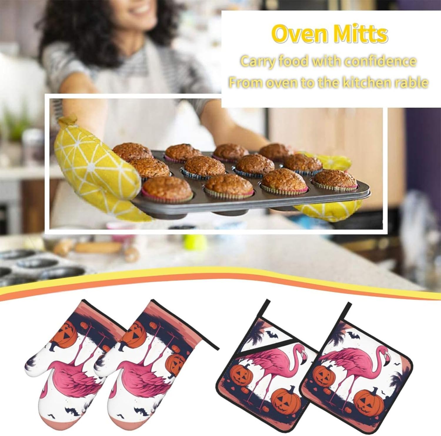 YYHHAOFA Halloween Flamingo Kitchen Baking Four-Piece Set