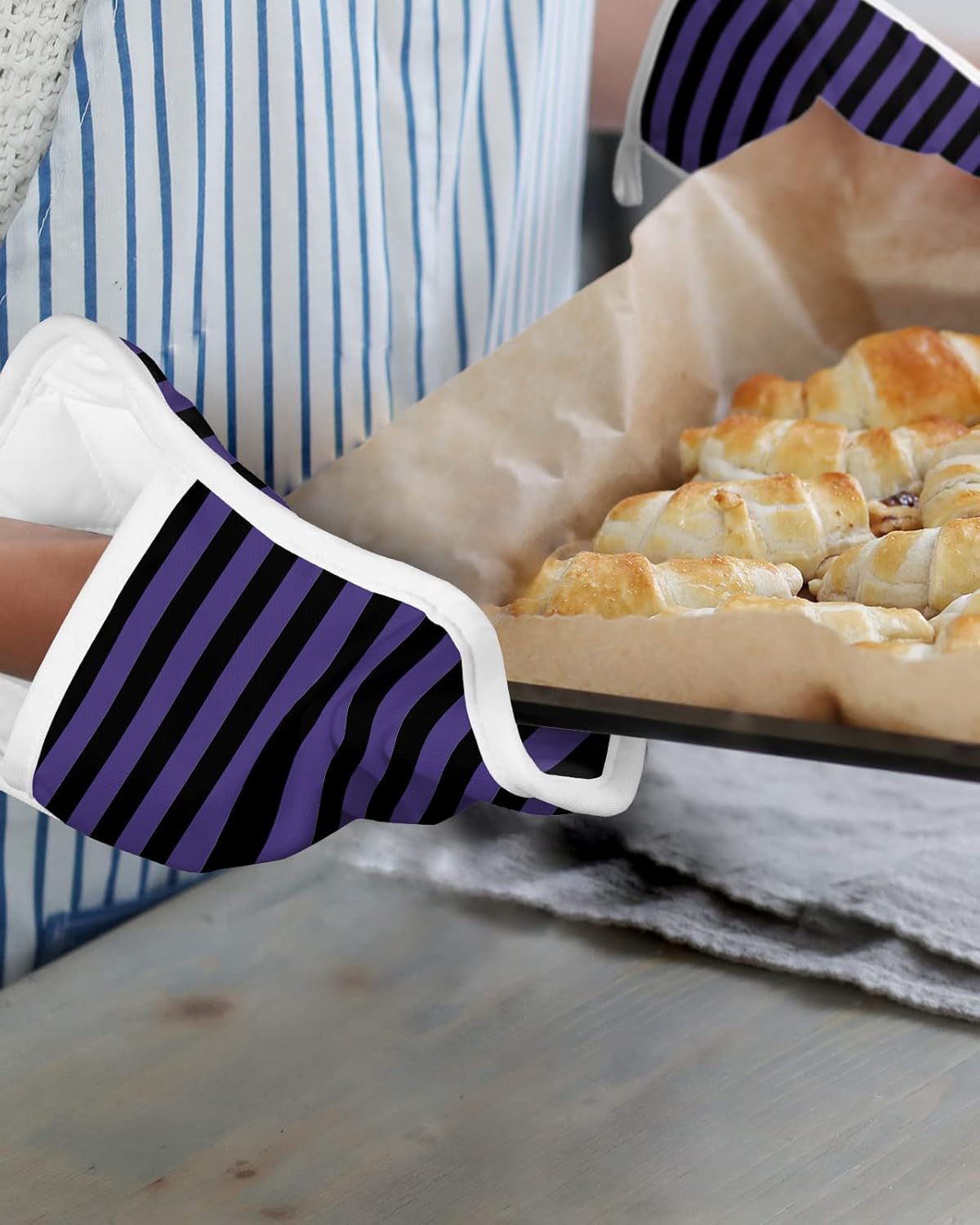 Halloween Striped Purple Potholders Set Oven Mitts for Kitchen Heat-Resistant Black