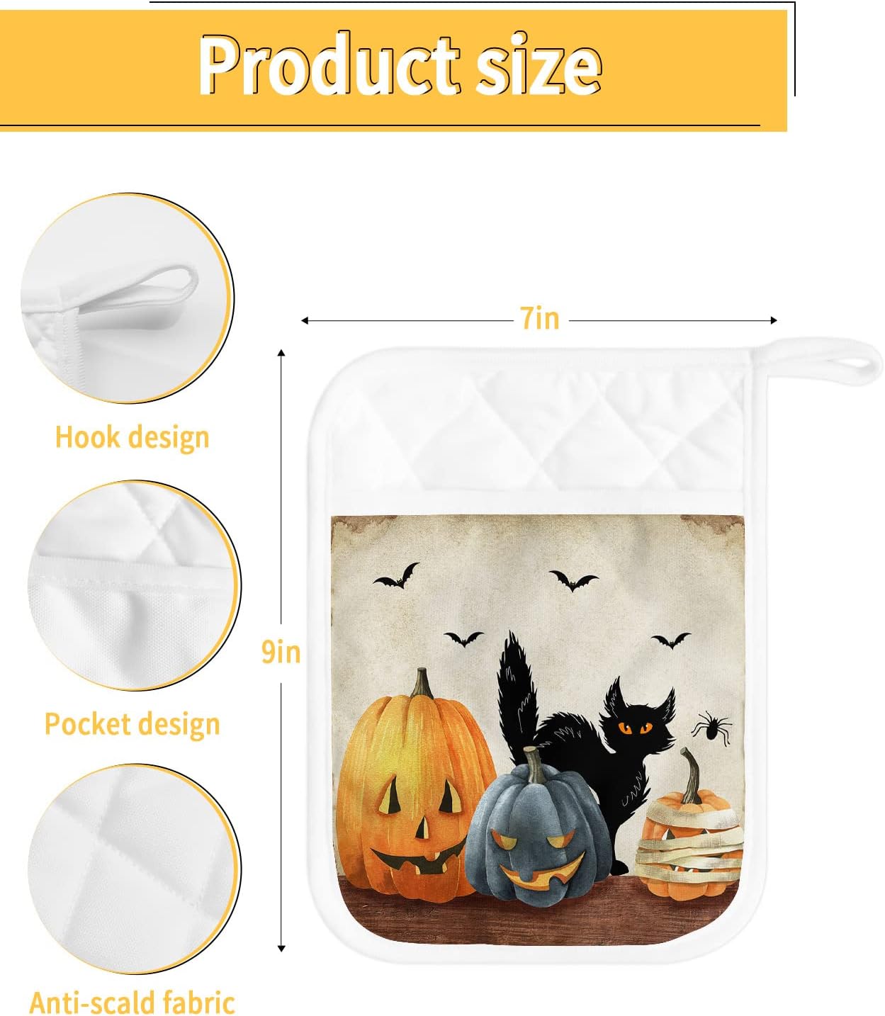 Black Cat Halloween Pot Holders Set of 5