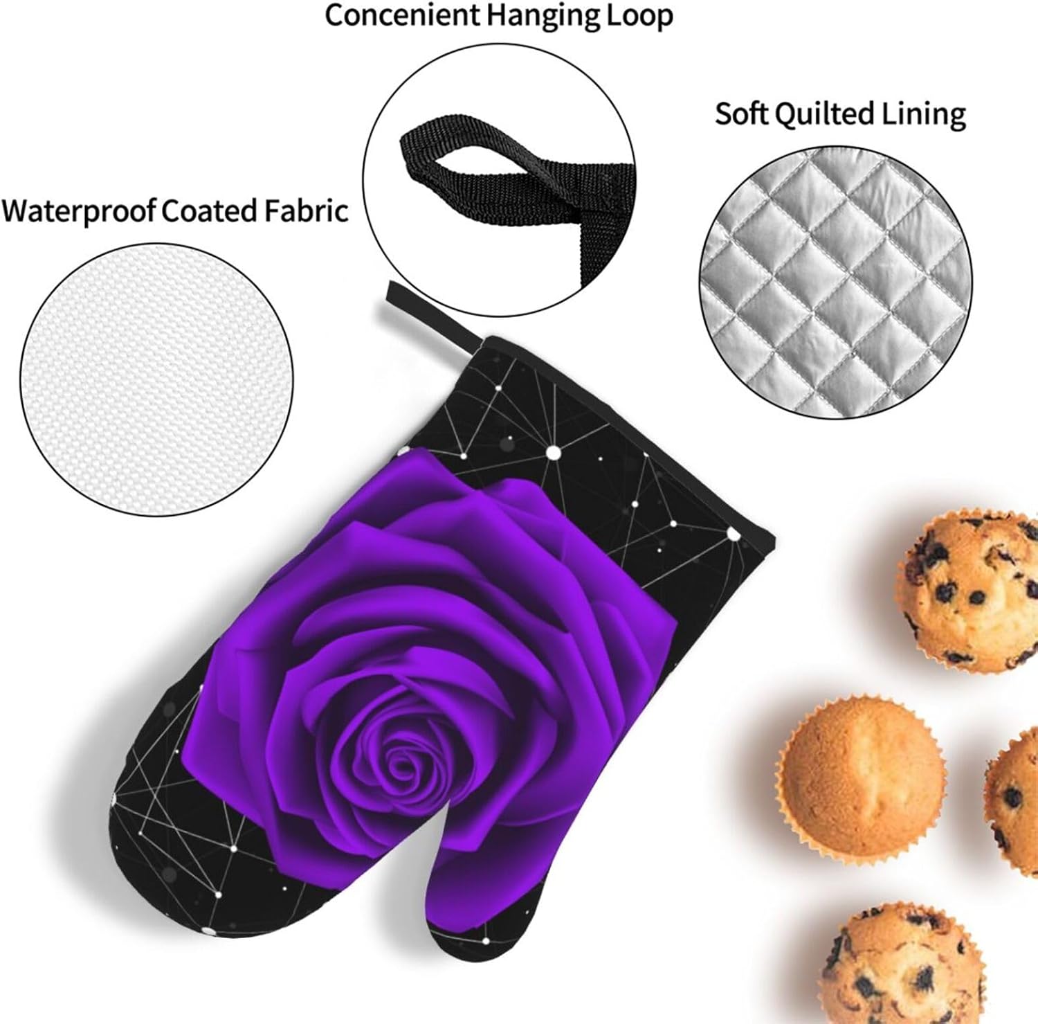 Oven Mitts Pot Holder Set of 3 Purple Rose Design
