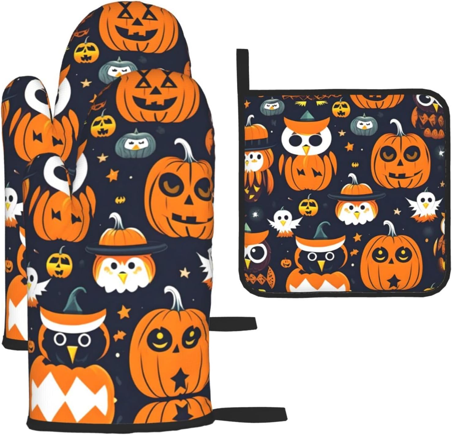 Trick Or Treat Halloween Owl Ghost Pumpkin Oven Mitts - Durable Waterproof Set