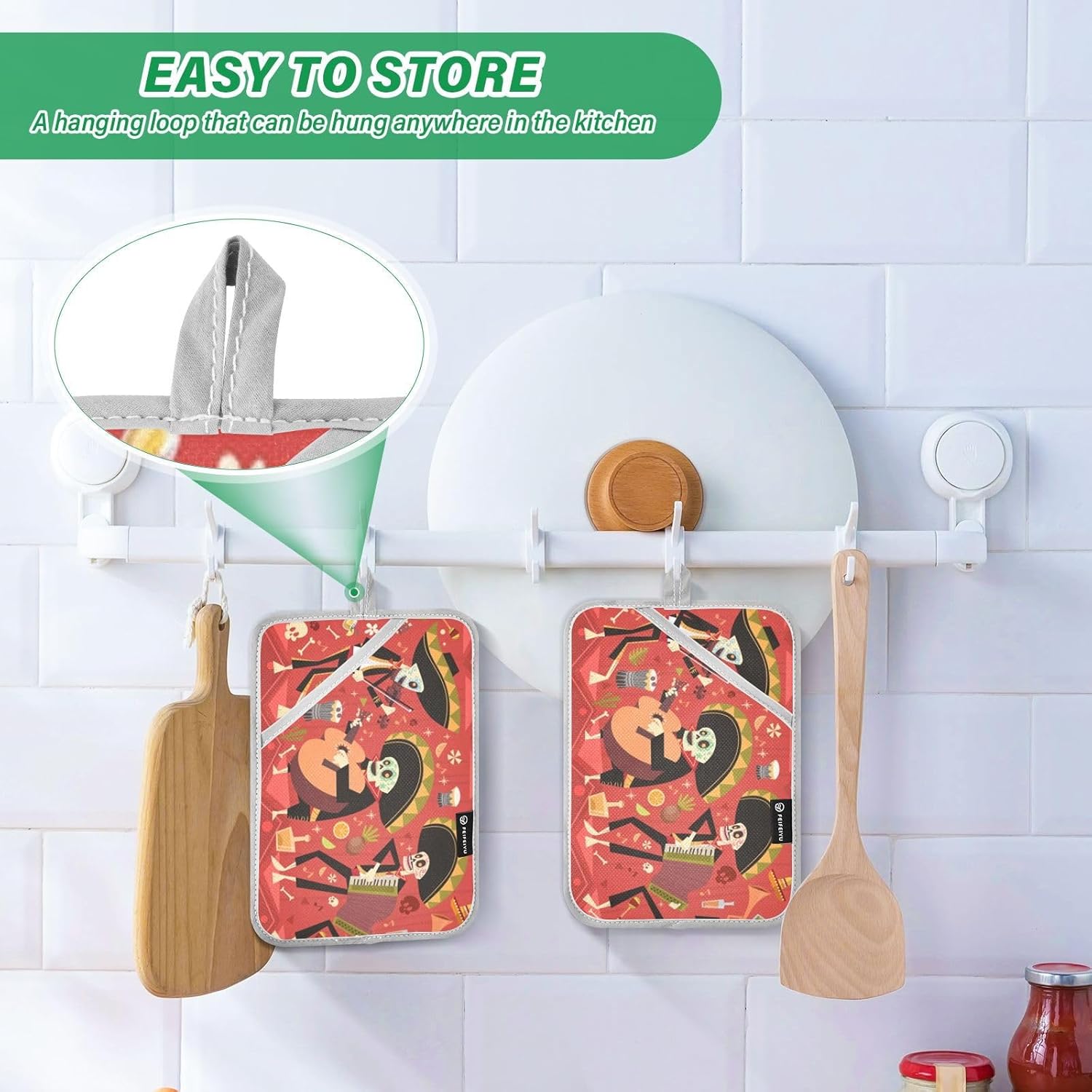 OURVII 2Pcs Day of Dead Pot Holders Set Non-Slip