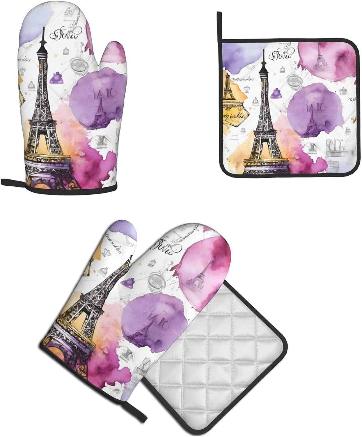 French Parisian Eiffel Tower Oven Mitts Pot Holders Set