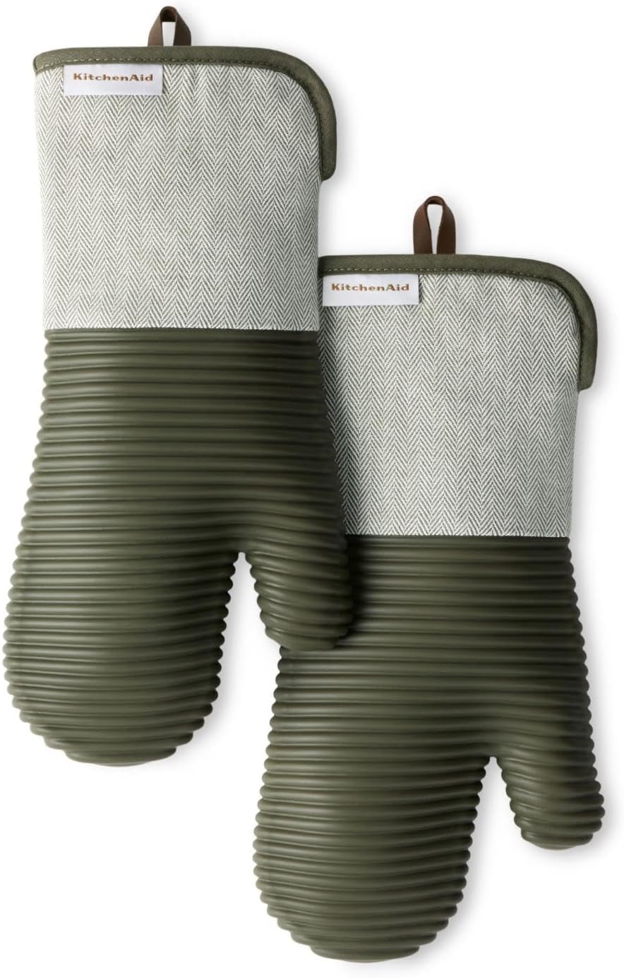 Two-Piece Heat Resistant Silicone Oven Mitts Deep Forest Green 7x14