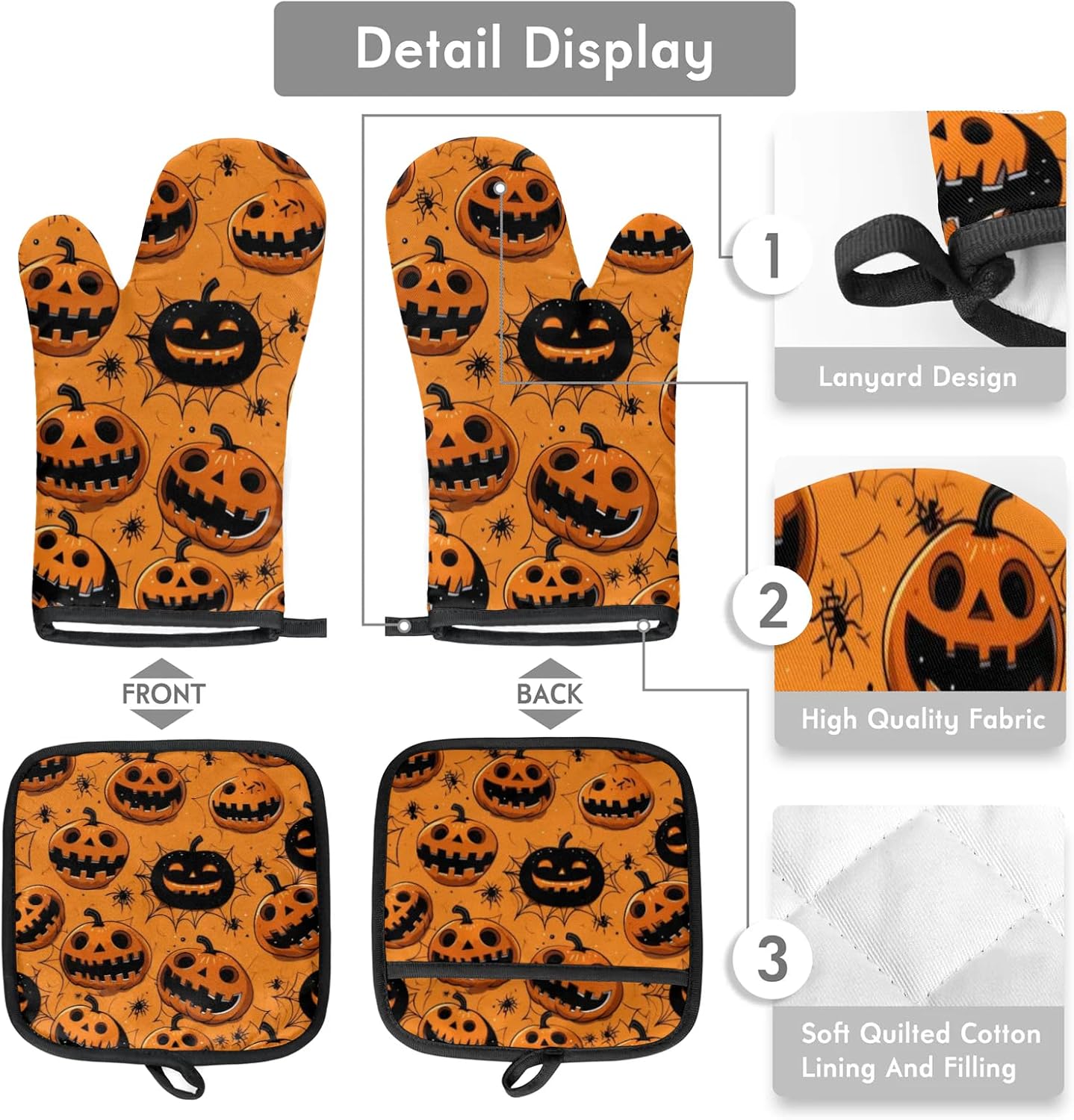 Halloween Spider Web Pumpkin Oven Mitts and Pot Holders Set