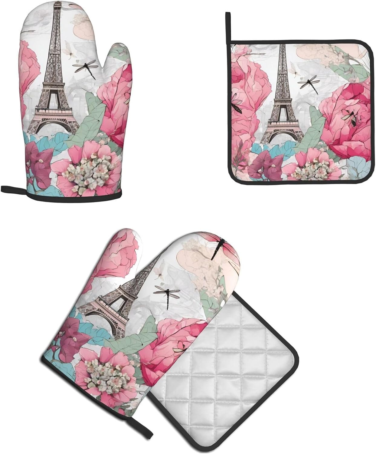Retro Dragonfly French Tower Printed Oven Mitts and Pot Holders Set of 2
