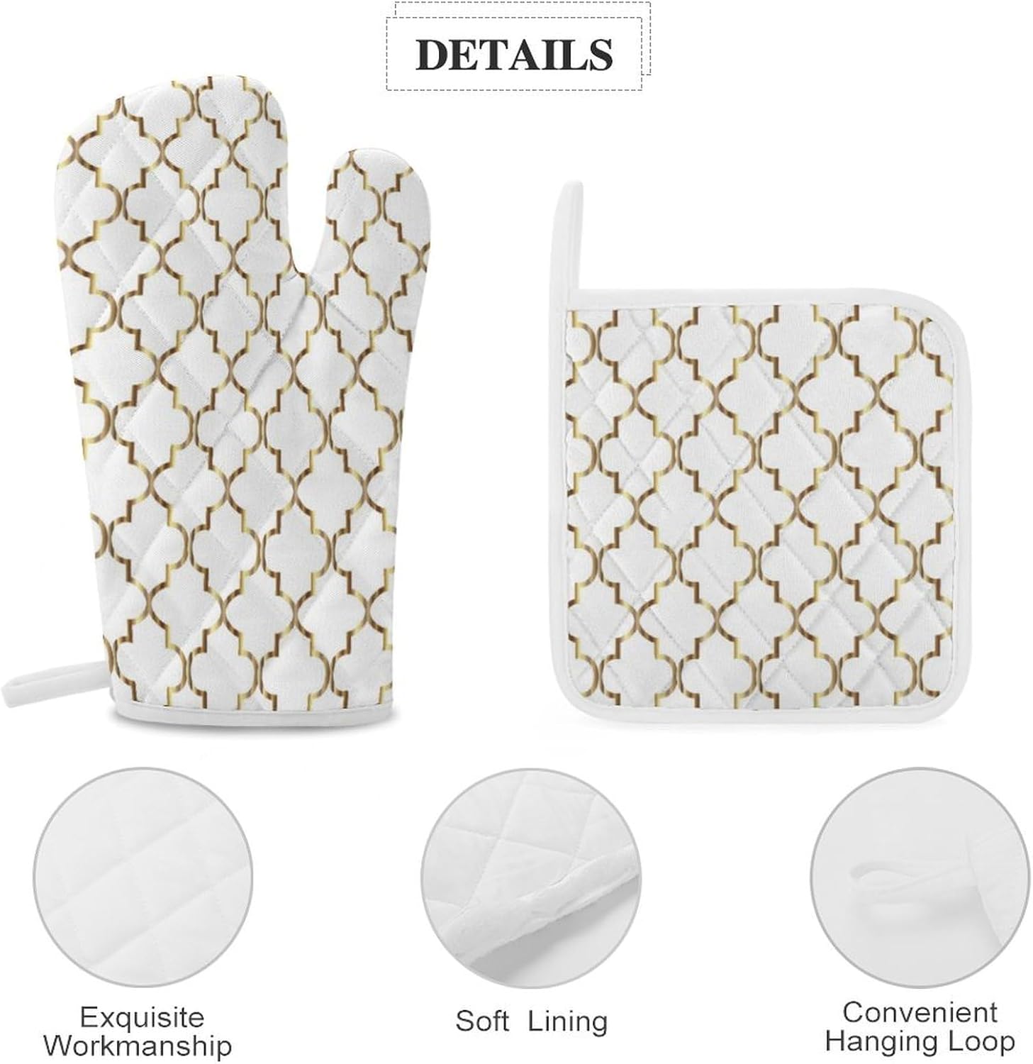 Curdesi Oven Mitts Set Heat Resistant 4PCS with Gold and White Quatrefoil Design