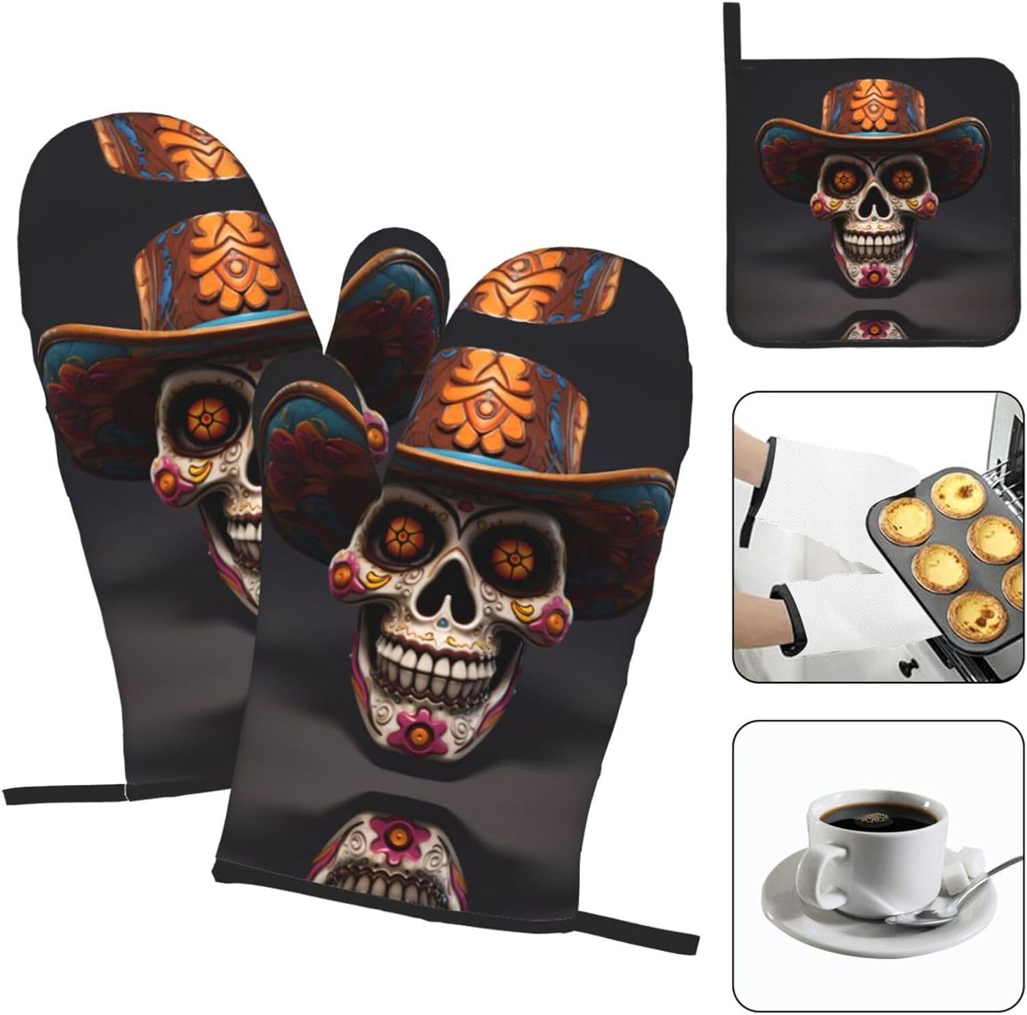 Halloween Skull Oven Mitt Set 3