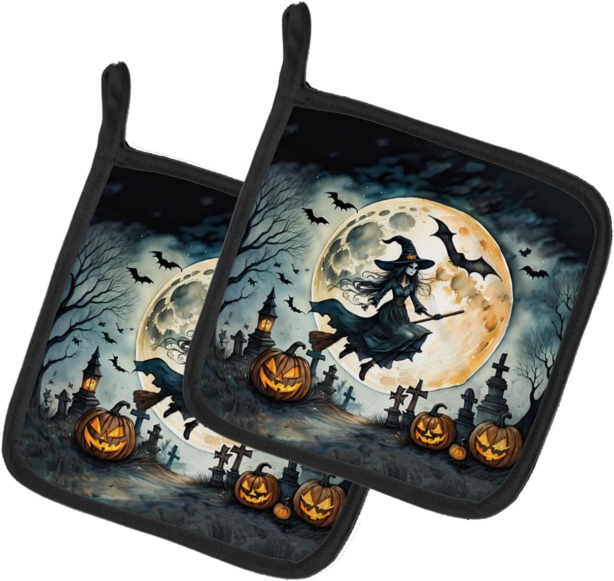 Flying Witch Spooky Halloween Potholders 7 12 x 7 12