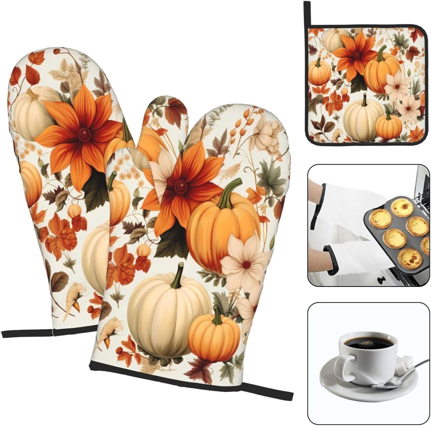 Fall Pumpkins Leaves Oven Mitts and Pot Holders Set of 3