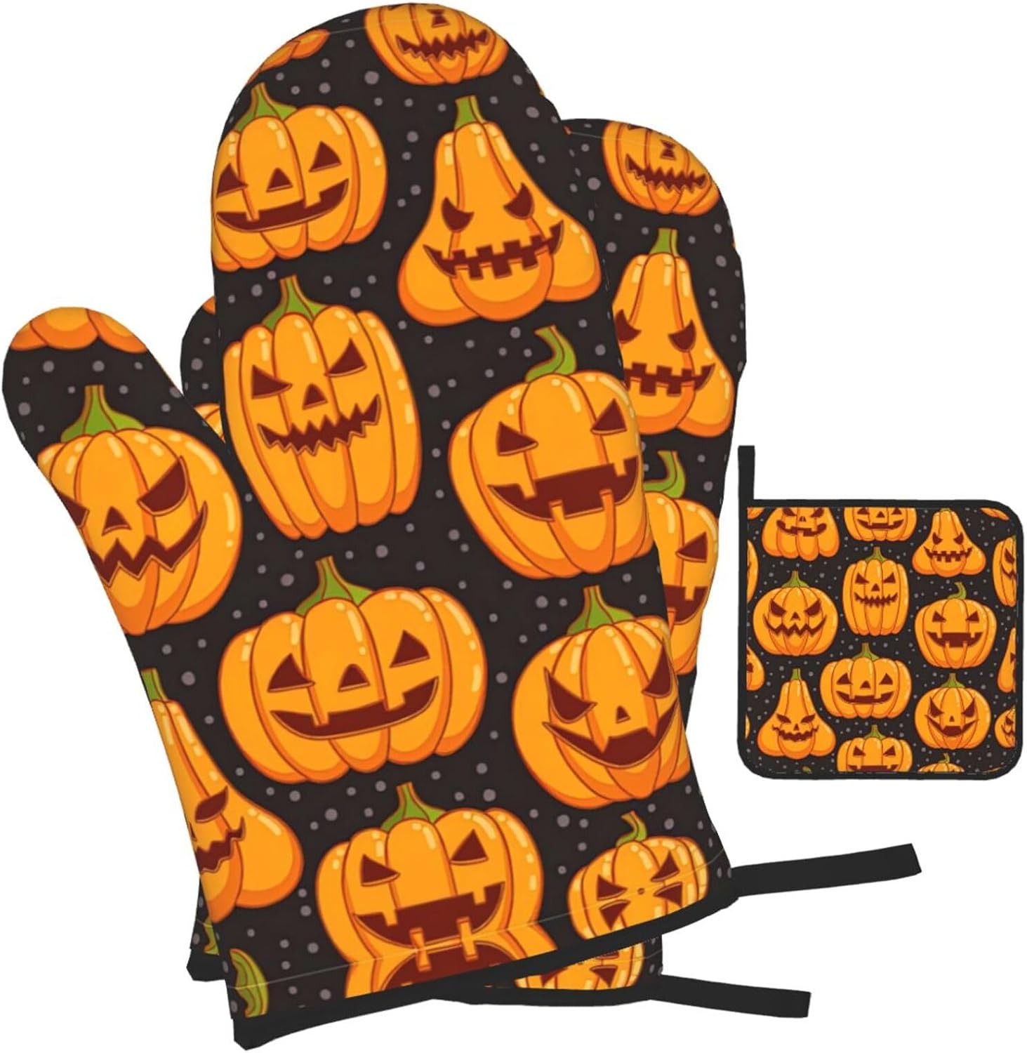Halloween Pumpkin Patterns Oven Mitts and Pot Holders Heat-Resistant 3-Piece Set