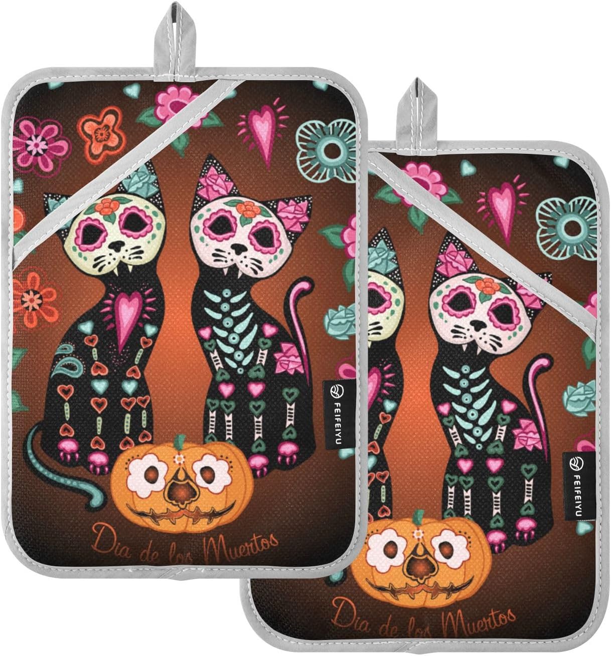 2-Piece Halloween Cats Pot Holder Set with Pockets for Oven Use