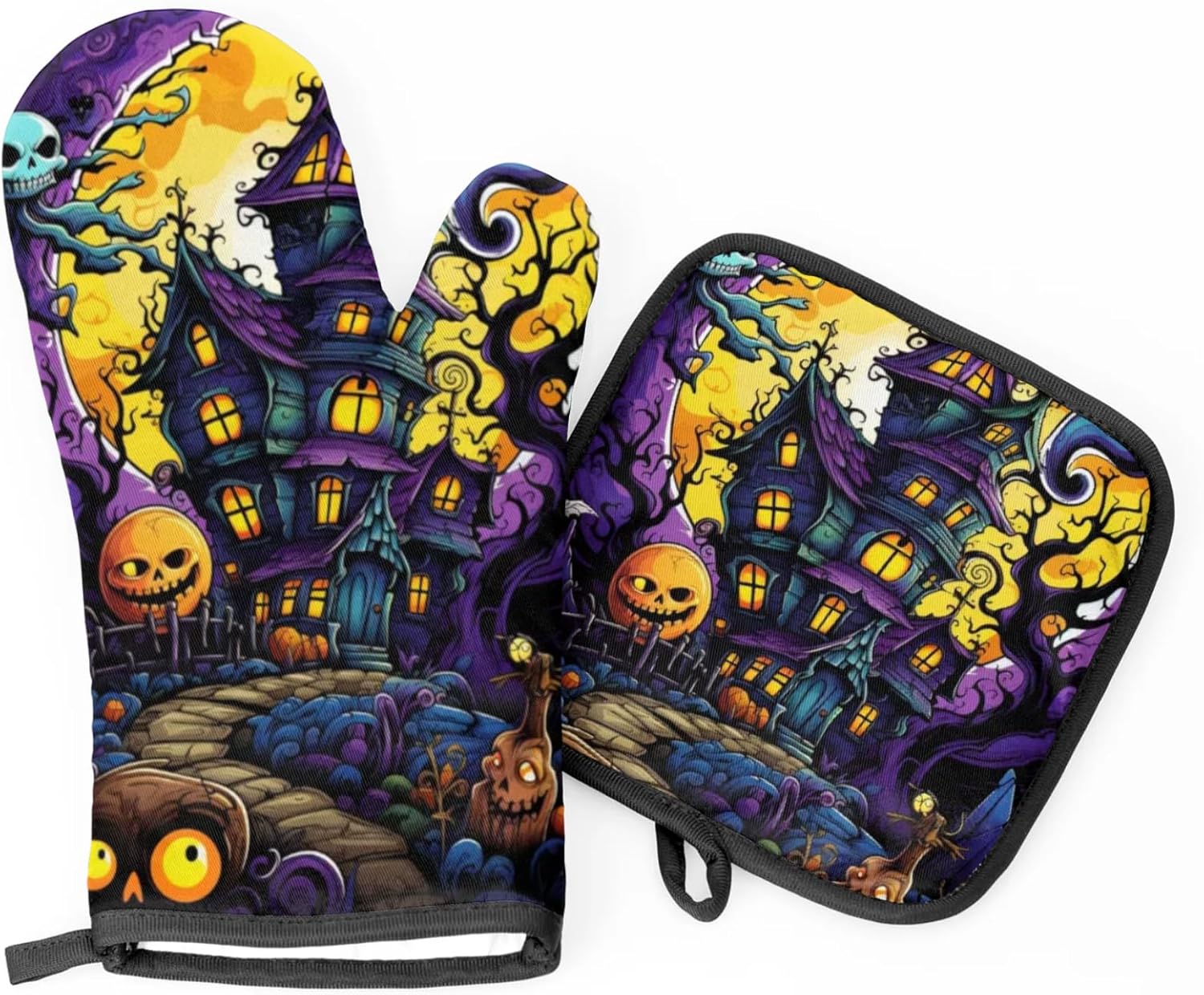 F Plaid Halloween Castle Oven Mitts and Pot Holder Set