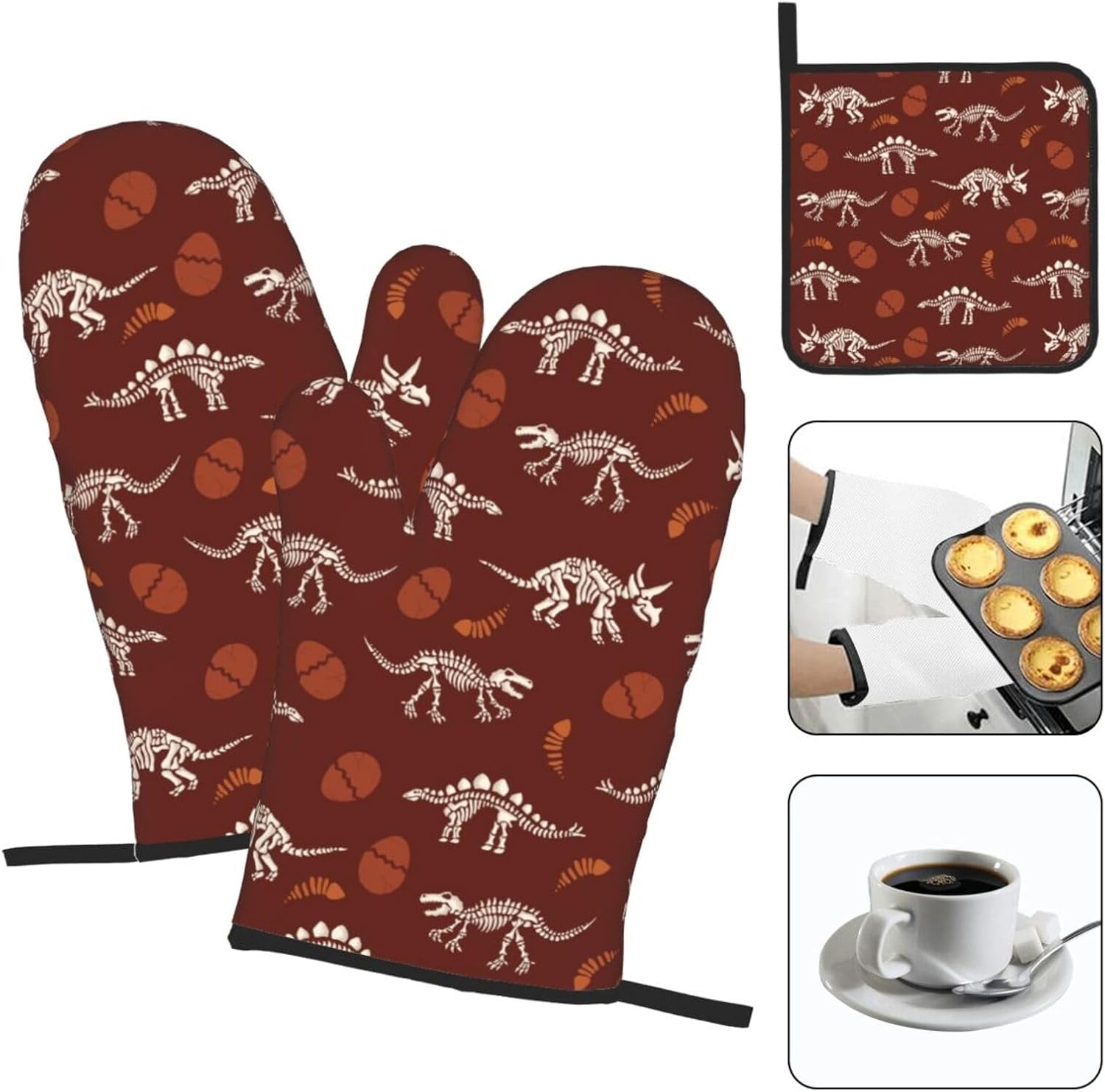 Dinosaur Oven Mitts and Pot Holders Set - Funny Heat Resistant Gloves