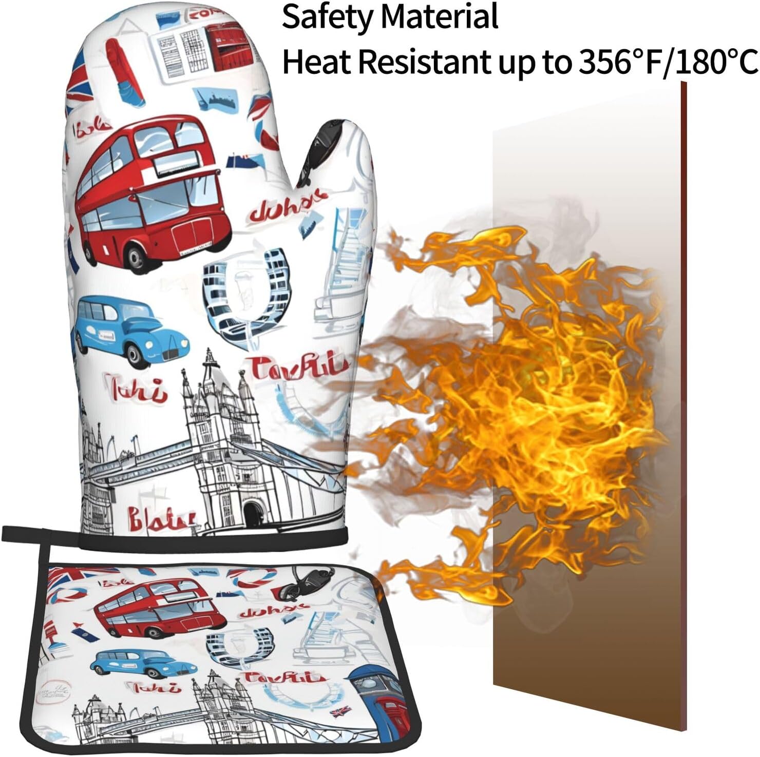 Quopvn London Printed Oven Mitts and Pot Holders 2pcs Set