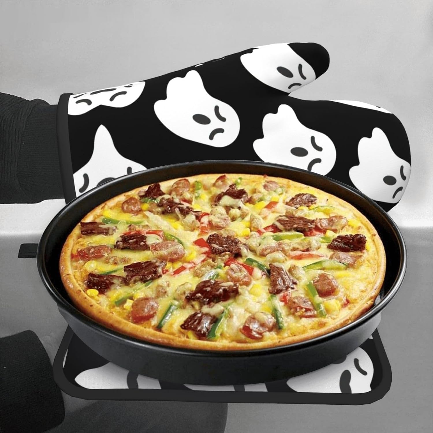 Cute White Ghost Oven Gloves for Cooking and Baking with Halloween Patterns