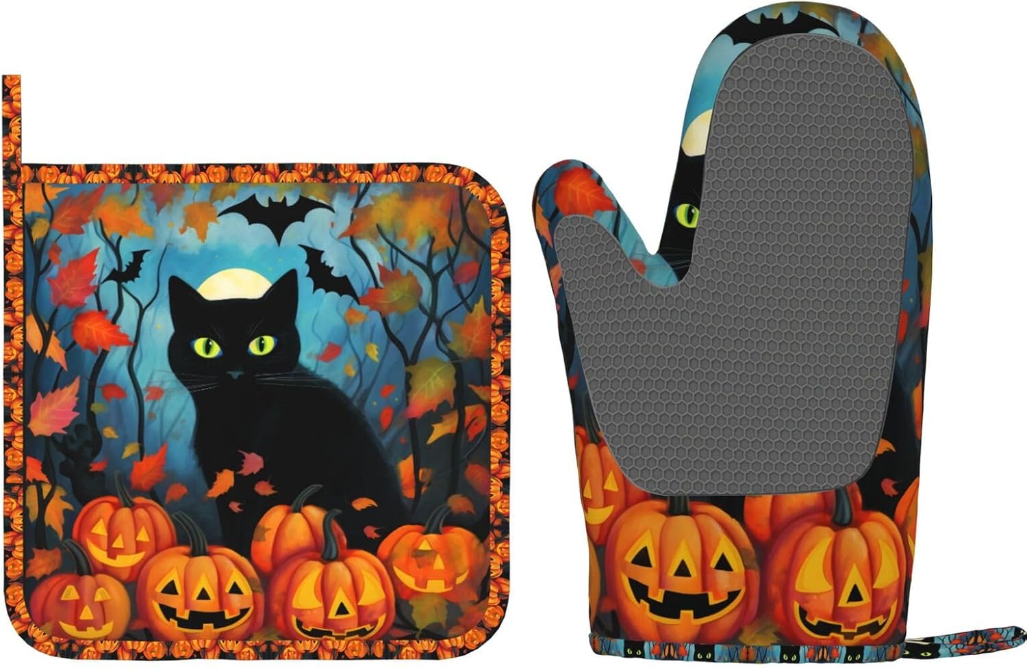 Black Cat Oven Mitts Pot Holders Set
