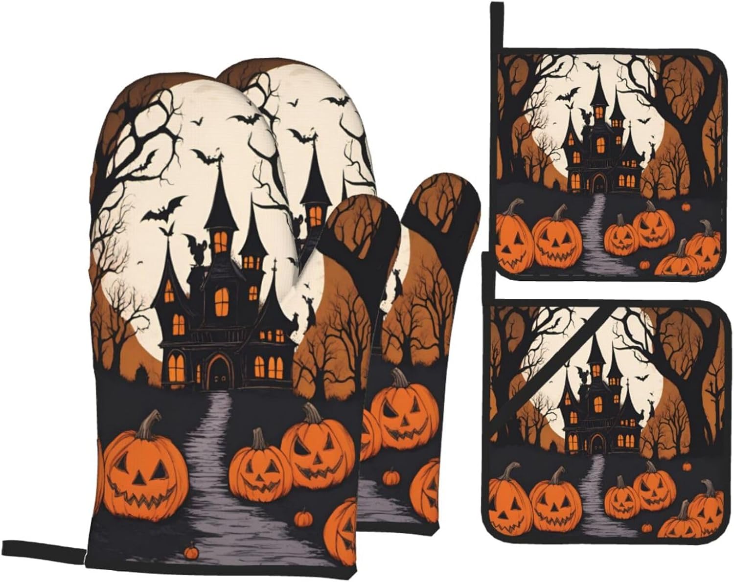 Gothic Halloween Oven Mitts Pot Holders Set 4 Piece Gift for Baking