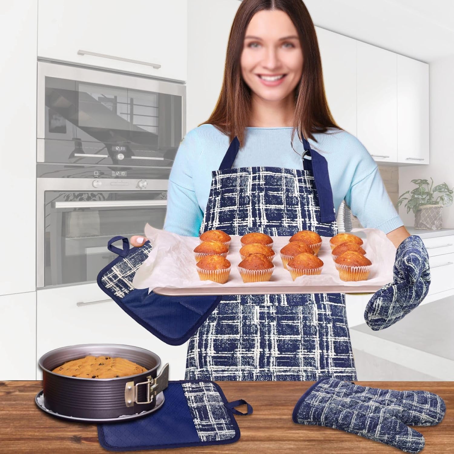 Alselo Oven Mitts and Pot Holders Set of 5 with Cooking Apron Navy