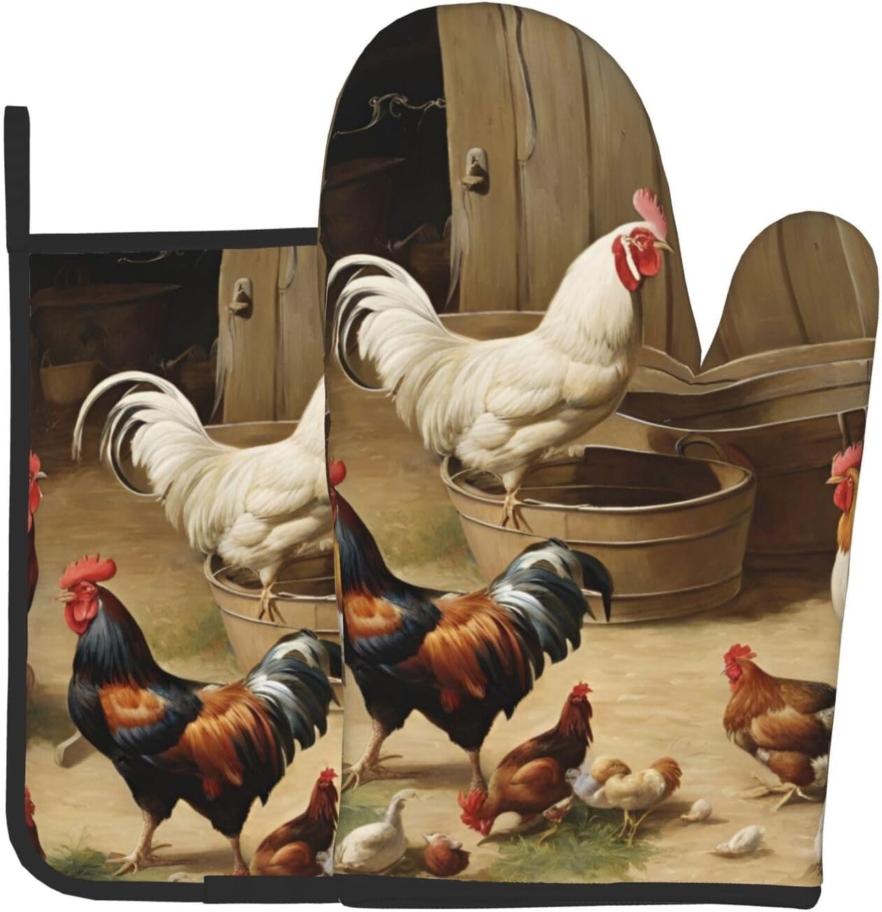 Roast Chicken Hen Farm Oven Mitts and Pot Holders 2pcs Set