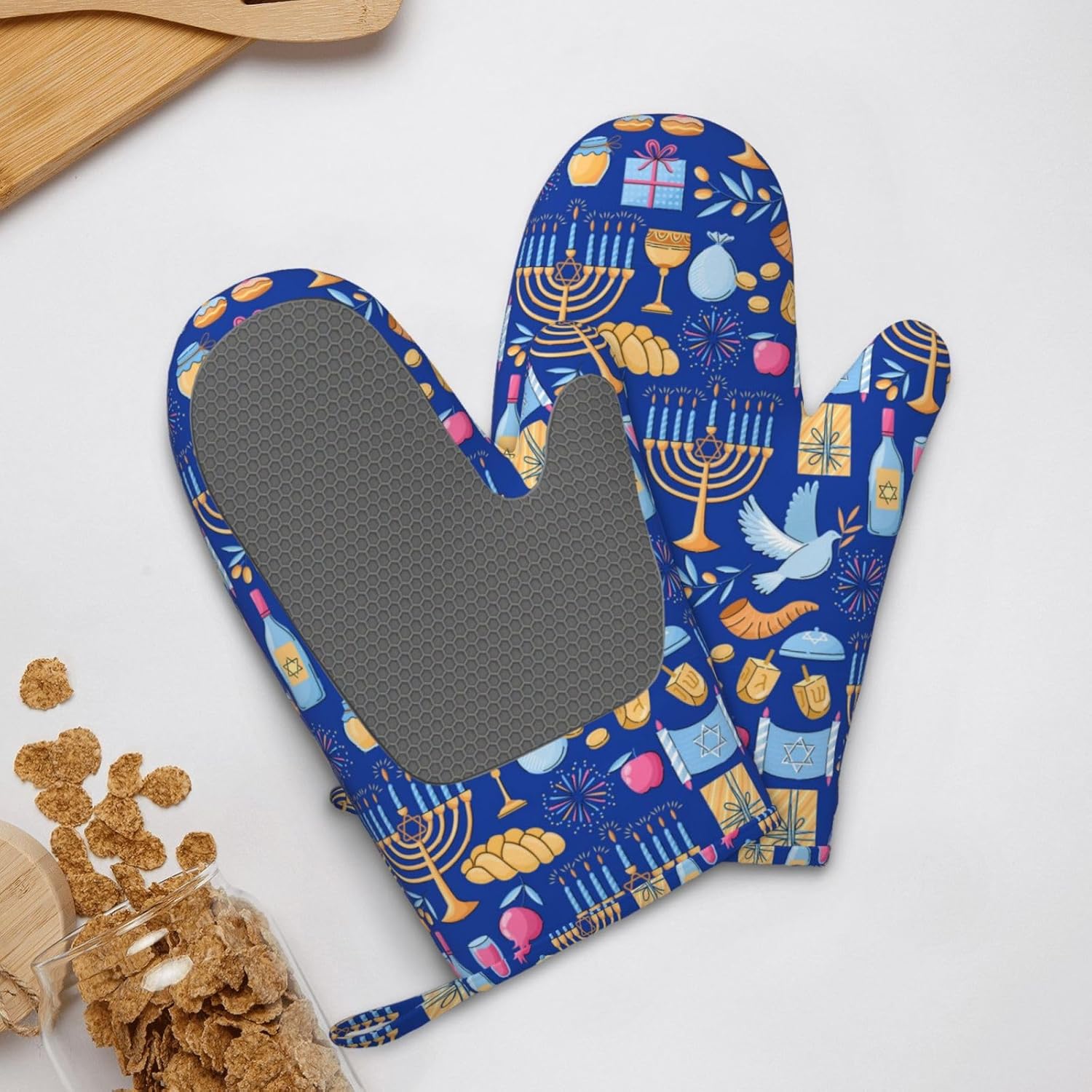Happy Hanukkah Silicone Oven Mitts for Kitchen Baking BBQ