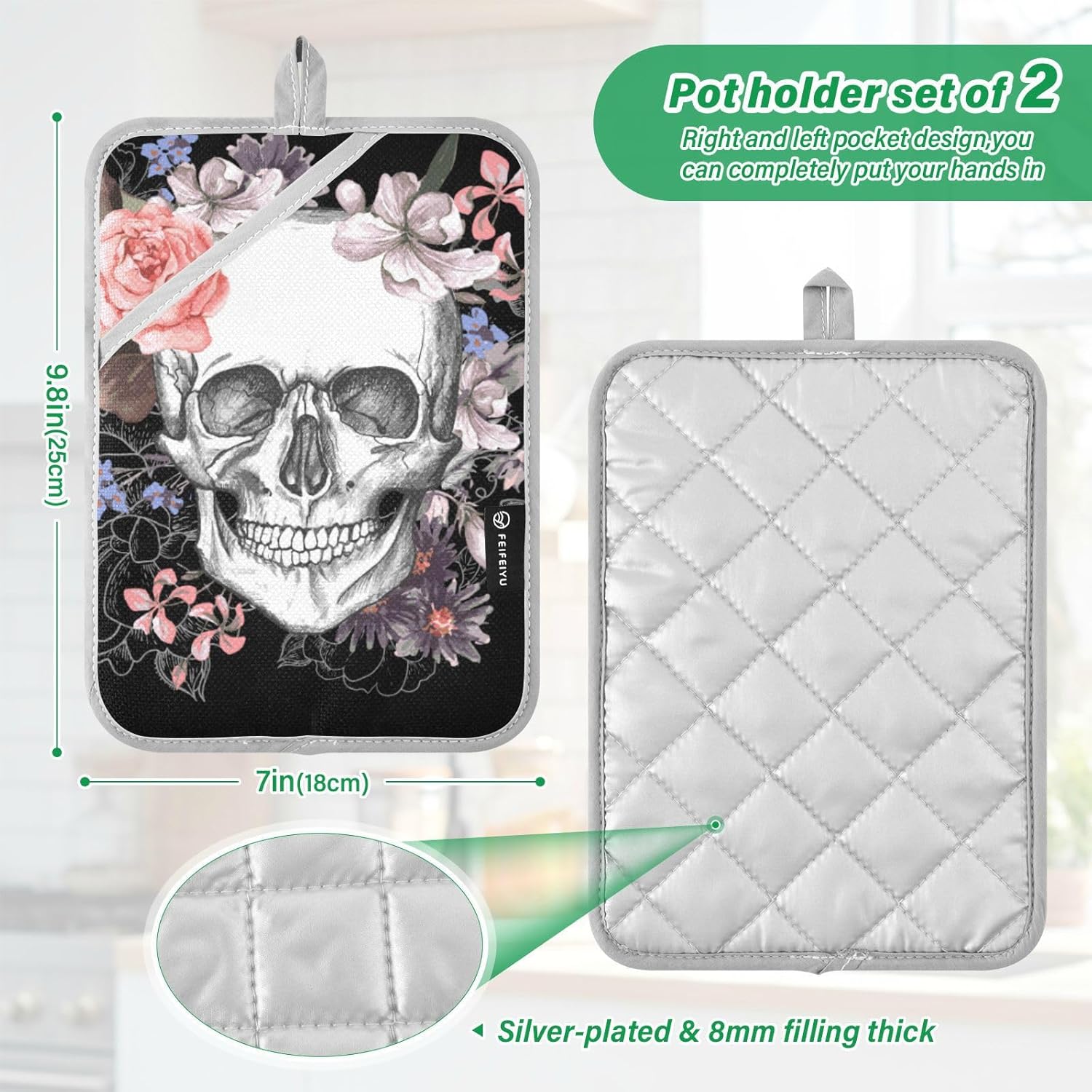 Two-Pack Halloween Skull Rose Pot Holder Set for Oven Kitchen Use