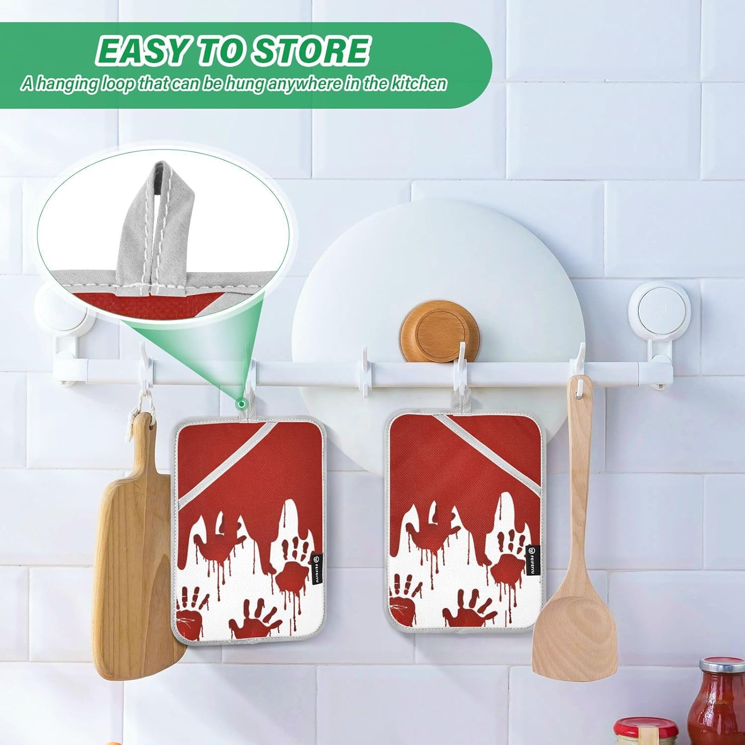 Ourvii 2-Piece Bloody Hand Print Pot Holder Set Heat Resistant Kitchen Pots