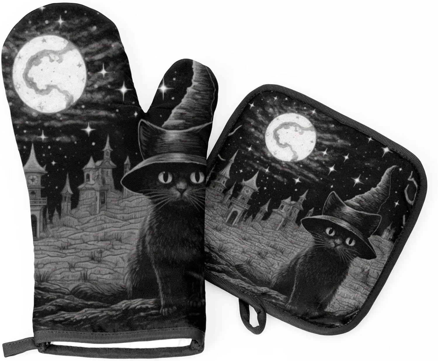 Witch Cat Halloween Oven Mitts Pot Holders Set