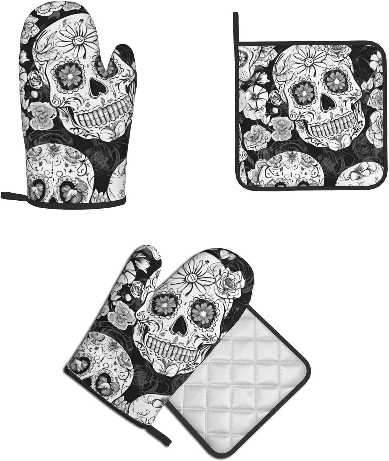 Floral Skull Oven Mitts Set Heat-Resistant Kitchen Potholders