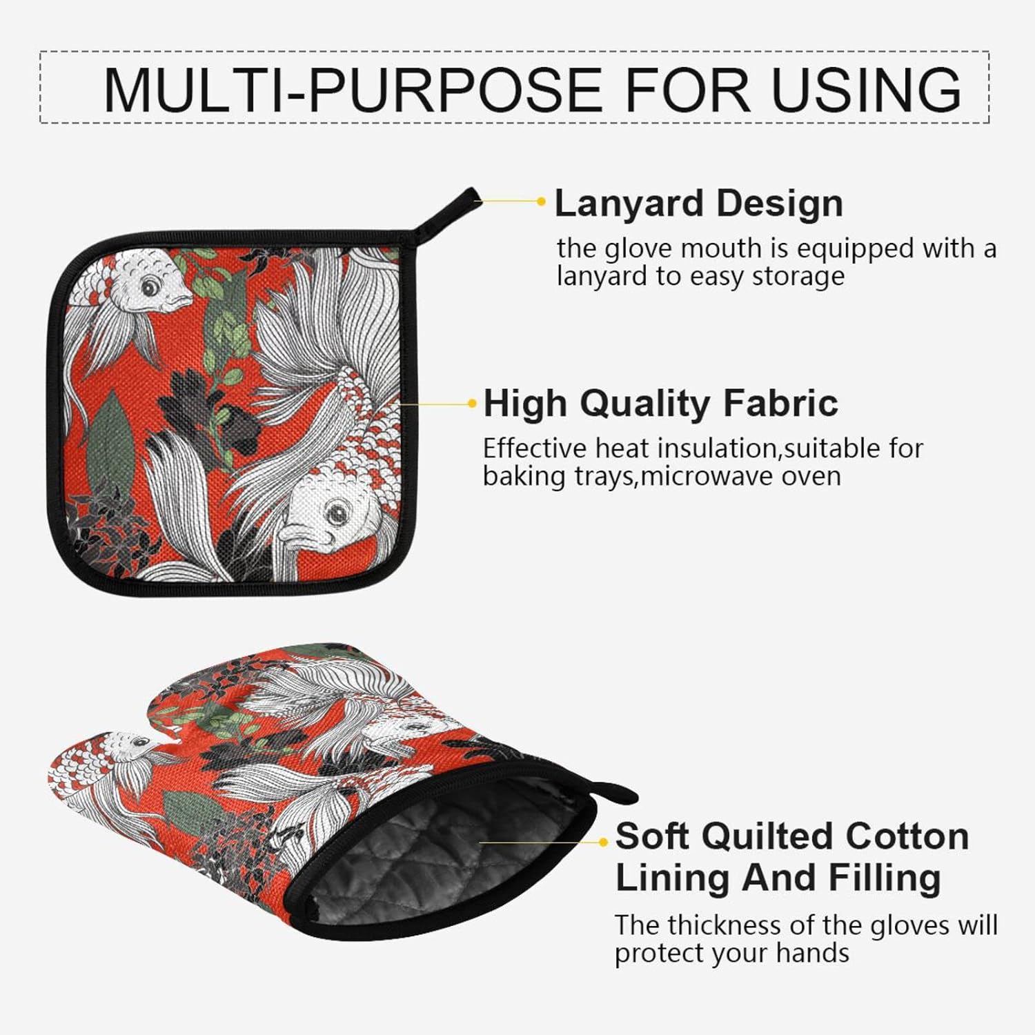 Exnundod Japanese Koi Carp Flowers Oven Mitts and Pot Holder Set