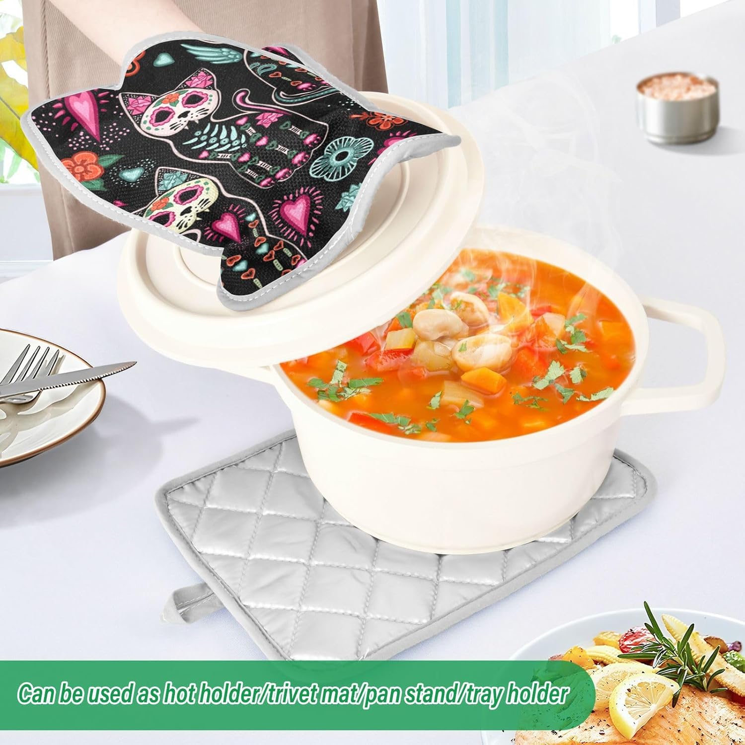 OurVii Skull Cat Halloween Pot Holder Set trays 7x98in 2pack
