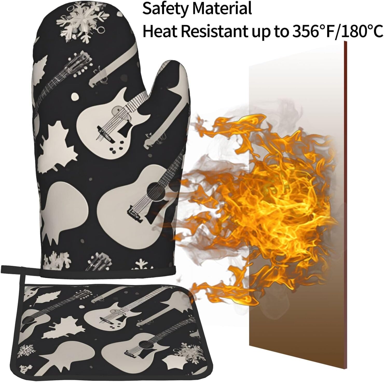 Guitar Pattern Oven Mitts Pot Holders 2-Piece Set