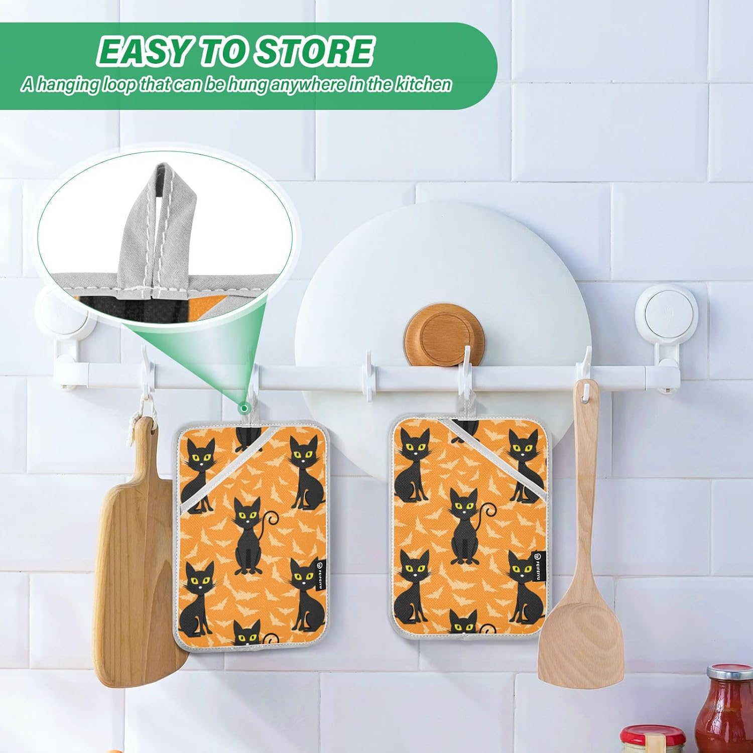 2Pcs Halloween Cat Potholder Set Non-Slip Heat Resistant